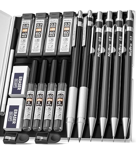 Kit Porte-Mines Nicpro 0,7 Mm - 4 Crayons Mécaniques Métal + Recharges - Idéal Dessin, Écriture