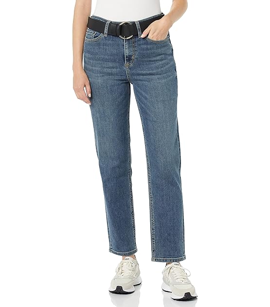 Damen Gerade Geschnittene Jeans Mit Hohem Bund