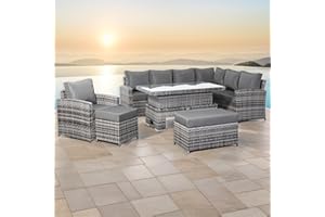 Club Rattan High Back Elite Corner Sofa Set with Rising Table and Arm Chair, 10-seater Large Rattan Garden Corner Sofa Set (Grey, Right hand corner)