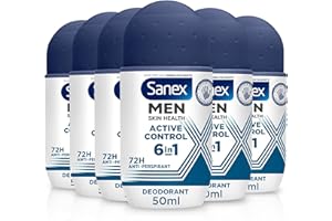 Sanex Men Active Control Antiperspirant Roll-On Deodorant 6x50ml, 72 hour sweat protection, anti-odour, long-lasting dryness, freshness, gentle on skin, antibacterial, 0% alcohol*