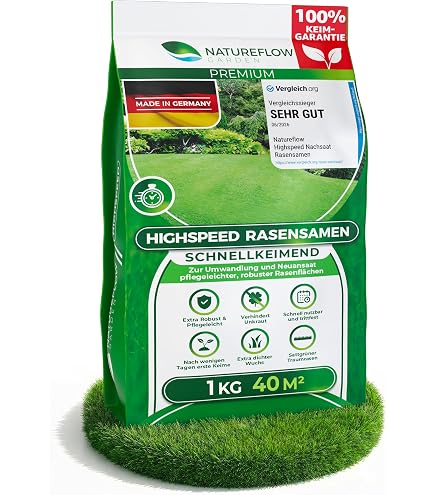 Dehner Saatgut Rasen-Nachsaat, hochwertige Rasensamen zur Regeneration geschädigter Rasenflächen, schnell keimend/pflegeleicht, mit Mantelsaat für optimalen Bodenkontakt, 1 kg für ca. 50 m² Garten