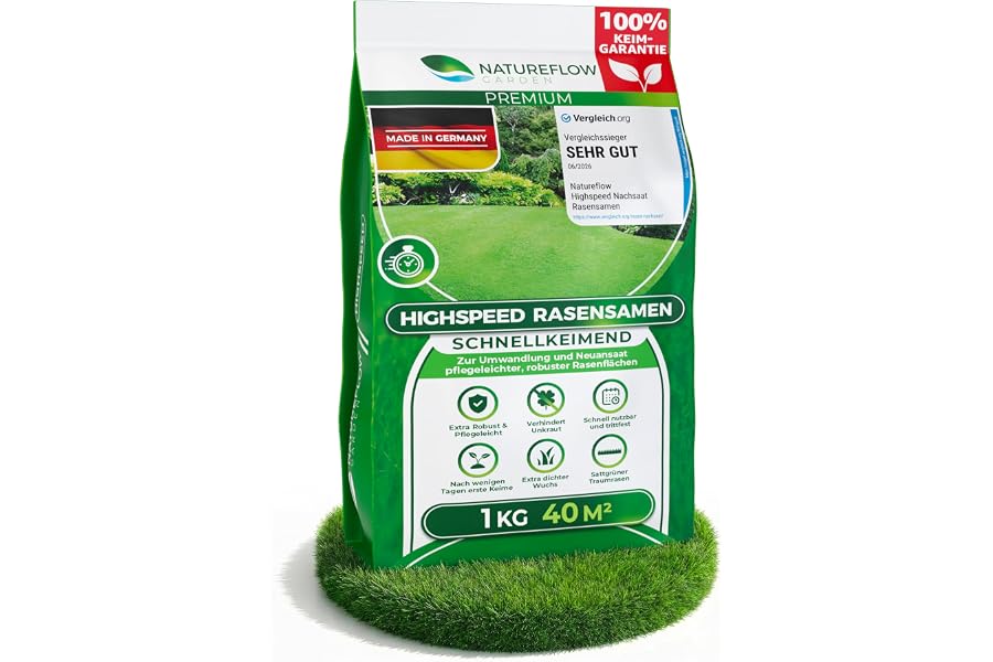 Produktabbildung zu Rasensamen schnellkeimend Sommer 1kg – TEST SEHR GUT – Grassamen schnellkeimend Rasen Nachsaat Made in Germany – Rasensaat 40qm - Rasensamen Sommer Samen von Natureflow