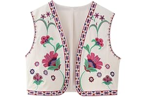 YILEEGOO Women Vintage Boho Floral Embroidered Gilets Sleeveless Crop Cardigan Tops Open Front Vest Outwear Jackets