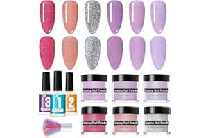 EONFAVE 9PC Dip Powder Nail Kit Starter - 6 Colors Dipping Powder - Purple Nail Dipping Powder Kit with Base Top Coat Activator Nail Art System for Beginners DIY Home Dip Manicure Kits