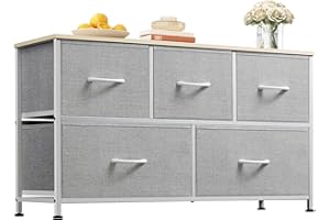WLIVE Chest of Drawers, 5 Fabric Drawers Cabinet with Easy Pull Handle, Wood Top and Sturdy Steel Frame for Bedroom, Living Room, Light Grey
