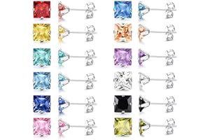 KALVICA 12 Pairs Stud Earrings for Women Girls Studs Birthstones Stud Earring Square Cubic Zirconia cartilage stud earrings Set piercing earrings 3/5/7 MM