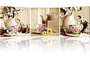 Piy Painting 3x Impression Élégant Tasse à café floral Peinture dans la Vase Tableaux Home Déco Mural Impermeable, Prête à poser, Mur Art pour Chambre Cuisine Salle Cadeau Anniversaire 30x30cm