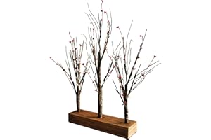 CVHOMEDECO. Funziona a batteria con timer illuminato Pip Berry Tre alberi Luci da tavolo a LED con base in legno rustico, per la casa/festa/matrimonio/festival/decorazione interna, H 53 cm