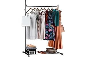 Klass Home Collection Portable Heavy Duty Clothes Rail For Bedroom, Home & Shops, 50KG Load Clothes Rack With Storage Shelf, Metal Clothing Rail For Hanging Garments, Coats (Black With Wheels)