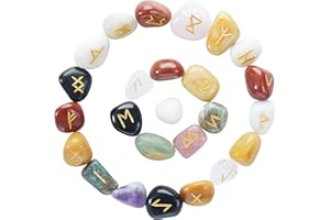 ‎CROCON Crocon Chakra Blend Elder Futhark Alphabet Engraved Symbol Rune Stone 25pcs Feng Shui Reiki Energy Generator Kit Crystal Balance Healing Spiritual Metaphysical Decorations Size: 15-20mm
