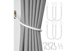 Pretty Jolly 4 Pack Natural Cotton Rope Curtain Tiebacks Boho Rustic Style Decorative Drape Tie Backs Elegant Hand-Woven Rope Curtain Holdbacks with Metal Hook for Home & Office Drapery (Cotton-White)