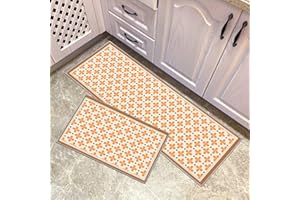 YORDET 2-Piece Anti-Slip Kitchen Rug Set Waterproof & Non-Slip Polyester Kitchen Floor Mats for Sink, Kitchen, Hallway, Laundry Room (Orange Floral, 43x150cm+43x75cm)