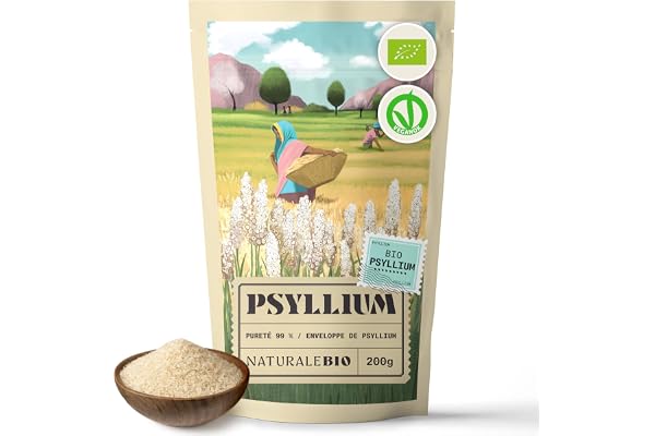NaturaleBio Tégument de Psyllium Blond BIO - 200g - Pureté 99%. Psyllium Husk Biologique, Naturel et Pur. Cosses de Graines Indiennes. Riche en fibres, à consommer dans l'eau, les boissons ou jus.