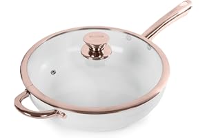 Tower T800003RW Linear Induction Saute Pan With Lid, Non Stick Cerasure Coating, White And Rose Gold, 2.6 Litre, 28 cm