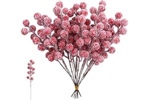 YUUCHORINGEE 20 Stück Rote Beeren Deko Weihnachten, Mistelzweig Weihnachtsdeko Rot Beerenzweig mit Schnee Deko, Künstliche Zweige Dekoration Holly Beeren für Adventskranz, Tischdeko, DIY Basteln und Heimdekoration