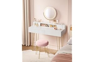 VASAGLE Toaletka ze stołkiem i oświetleniem, listwą zasilającą, lustrem, toaletką, 40 x 100 x 134,8 cm, stolikiem kosmetycznym z szufladami, wyściełanym stołkiem, matowe biało-jasnozłote RVT619W01