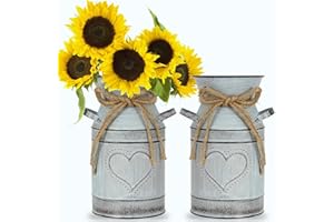 Dicunoy 2 PCS Metal Milk Can Decor, 19cm French Style Galvanized Vase Metal Jug, Shabby Chic Rustic Vases for Flowers, Vintage Farmhouse Bucket for Home Decor