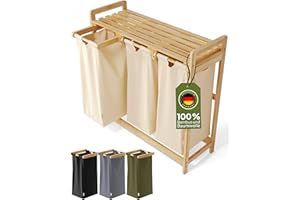 AMBIAVO® Cesto portabiancheria a 3 scomparti [beige, 100% cotone, bambù, volume 90 l, per biancheria sporca, sistema di smistamento della biancheria, in legno