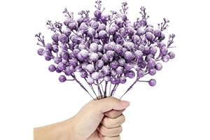 KKSTY Pack of 16 Artificial Frosted Berry Picks, 22cm Christmas Glitter Berries Stems Snowy Holly Berry Branches for Xmas Tree Decoration DIY Crafts Wreath Making Supplies Home Decor(Purple)
