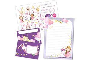 Papierdrachen Juego de bloc de cartas – 50 hojas impresas de colores – Papel de carta con hoja de pegatinas – 20 sobres impresos – Idea de regalo para niños – Unicornio