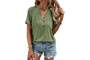 VEUNCOS Women's Casual Short Sleeve T-Shirt Summer Button Placket V Cut Tops Loose Shirt Blouses