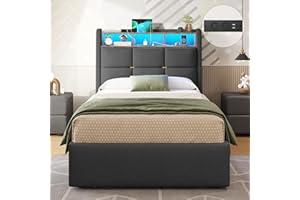 ‎DICTAC DICTAC Polsterbett 90x200 mit LED Beleuchtung und Steckdosenleiste Einzelbett mit Lattenrost Bettrahmen Erwachsene mit Stauraum Kopfteil,USB-Anschlüsse & Stauraum,Leinen Bettgestell 90x200,Dunkelgrau