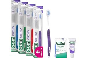 GUM Brosse à dents Ortho | Tête compacte avec poils souples en V | Nettoie supports et fils | Poignée antidérapante | 4 pièces (2 échantillons bonus)
