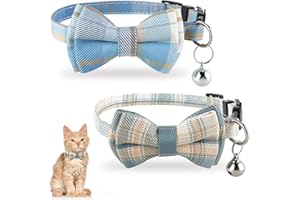 Jeffdad 2Pcs Cat Collar Breakaway, Cat Collar with Bells Bowtie Plaid Cat Collar Adjustable 7.5-12.5 Inch for Kitten Puppy and Small Pets (Blue and white plaid)