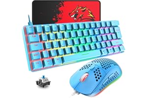 LEXONELEC T60 UK Layout 60% Mechanical Keyboard and Mouse Set, Compact 62 Keys Mini Wired Gaming Keyboard 19 Rainbow Backlit + 6400DPI RGB Ultra-Light PC Gaming Mice + Mouse Pad For Laptop/MAC-Blue/Blue Switch