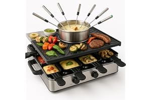 EVERHOMELY 8 Personen Set Raclette - Mit Grillplatte & Fondue Topf Funktion - Tischgrill inkl. Pfännchen & Schaber (Fondue Set)