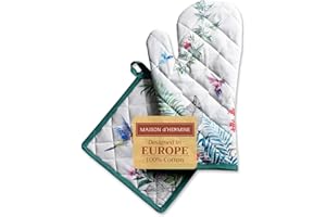 Maison d' Hermine Tropiques Ensemble de Gants de Four de (19cm x 33cm) et maniques de (20cm x 20cm), 100% Coton, pour Barbecue, Cuisson, Four, Micro-Ondes, grillades, Printemps/été, Pâques