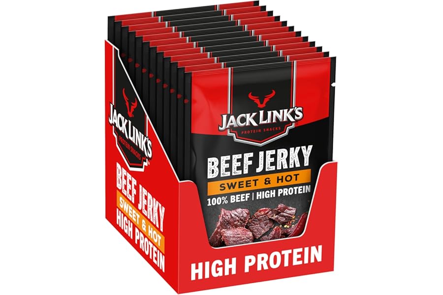 Jack Link's Beef Jerky, Sweet & Hot Flavour, Multipack of 12 x 25g Bags, High Protein Meat Snack, Sweet Seasoning and Hot Spices