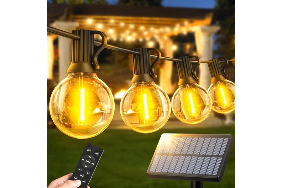 Warlisou Solar-String-Lights-Outdoor-Garden - G40 45.9ft String Lights Outdoor Festoon - Remote Control 14M Garden Light Outside Solar Powered Waterproof Led - Patio Party Gazebo Weding