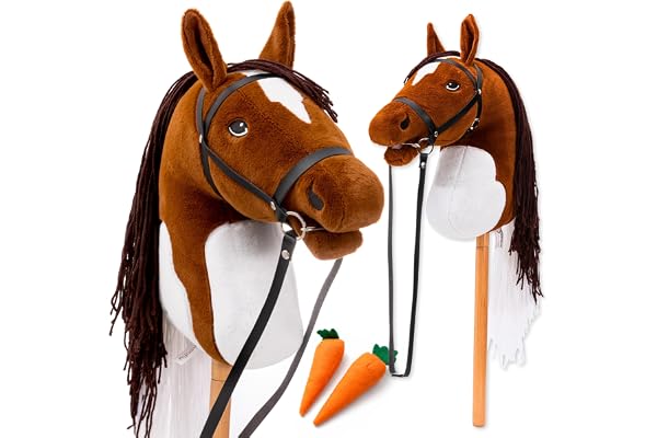 Hoofly Hobby Horse Marron (chèque) – Grand cheval de bataille pour enfants A3 avec tige à visser / Horsing Hobby Horse Ensemble de chevaux avec mors en 4 couleurs