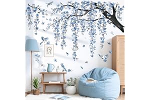 decalmile Pegatinas de Pared Árbol de Flores Azul Grande Vinilos Decorativos Pájaros en Rama Flores de Vid Adhesivos Pared Habitación Dormitorio Salón Oficina