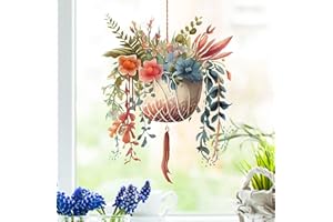 wolga-kreativ Fenstersticker Fensterbilder Glasdekorfolie Motiv Fensterfolie Fenstertattoo Hängende Blumen rot-blau im Keramiktopf Deko Küchenfenster wiederverwendbar selbstklebend Sichtschutz