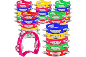 MIAHART Paquete de 32 panderetas de mano de Navidad para hacer ruido, pandereta, 4 campanas, panderetas de mano de plástico de colores, instrumento de ritmo musical para adultos y niños, decoración de