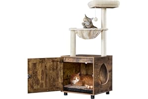 Yaheetech Cat Tree with Litter Box Enclosure, Modern Cat Tower Hidden Cat Washroom with Cat Condo, All-in-one Indoor Cat Furniture with Scratching Posts, Perch, Basket