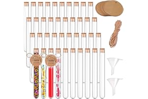 QURXUANWE 40Pcs Tubos Ensayo Plastico Laboratorio con Tapones Corcho, Probeta Transparente 40 Papel Etiqueta & 2 Embudo,10M Cuerda Cáñamo Probetas Pequeño para Liquids,Especias,Confitería,Flores,Bodas,DIY Craft