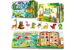Tangdudu 2PC Montessori Busy Book för barn 1 2 3 4 5 år, Quiet Book, aktivitetsbok för att lära sig djur, färger, former, frukt, grönsaker, fordon, mat och dinosaurier