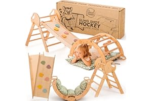 Goodevas Cadre d'escalade 5-en-1 pour Enfants - Échelle en Triangle, Arc d'escalade, Balance Board et Coussin, Cadre d'escalade Montessori, Gym en Bois pour Enfants de 1 à 3 Ans