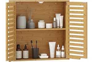 HOMCOM Armoire murale de salle de bain, meuble de rangement avec 2 compartiments et étagère réglable, meuble haut de salle de bain en bambou pour toilette, cuisine, 60 x 20 x 60 cm, effet bois naturel