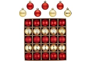 Valery Madelyn 25 sztuk mini bombek choinkowych, 4 cm, odporne na pękanie, czerwone i złote, ozdoby choinkowe z zawieszką, do dekoracji bożonarodzeniowych