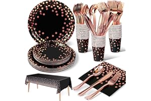 Nkaiso 141pcs Noir et Rose Or Party Vaisselle,Kit Vaisselles Anniversaire Assiette Dîner Papier Tasse Serviette Réutilisable couverts, Enfants Party Fête Mariages Baby Shower Noël, 20 invités