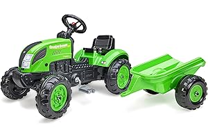 Falk Tractor de Pedales Country Farmer Verde con Remolque-a Partir de 2 años-Fabricado en Francia-Placa de matrícula Personalizable-Volante Direccional con Bocina 2057L, 2057L