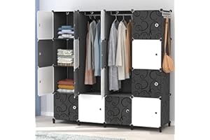 HOMIDEC Armoire portable pliable à 16 cubes avec 3 rails suspension vêtements, armoire modulaire, armoire rangement chambre à coucher, vêtements, chaussures, jouets, motif floral yg16hB 44 Noir/Blanc