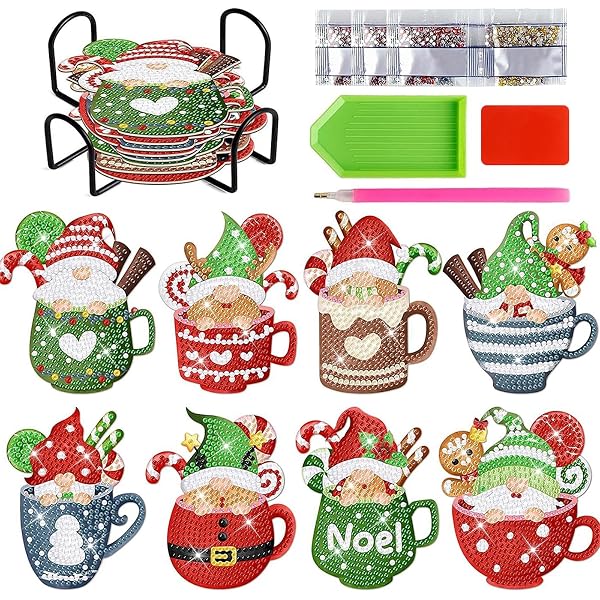 Set 8 Sottobicchieri Natalizi Diamond Art Painting JUNEBRUSHS, Diametro 10 Cm, Con Diamanti E Strumenti