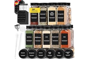 BASEOLA Gewürzgläser Eckig 25 Stk. Set, 120ml Schwarz Deckel Gewürzdosen, Spice Jars mit 512 Gewürzetiketten, Gewürzgläser mit Streueinsatz, Gewürzbehälter mit Stift & Trichter & Bürste, Schwarze Etikett