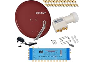 DUR-line Select 12 TEILNEHMER / 1 SATELLIT - DIGITAL SAT ANLAGE: 75/80cm ALU Sat-Schüssel Ziegelrot + 0,1dB LNB Weiß Full HDTV 4K + PMSE Multischalter 5/12 + 35 Vergoldete F-Stecker gratis dazu