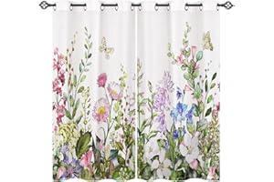 ANHOPE Floral Curtains Eyelet Soft Thermal Insulated Blackout Curtains Watercolor Botanical Flower Butterfly Print Pattern Ring Top Window Drapes for Bedroom Living Room 55 x 63 Inch Drop 2 Panels